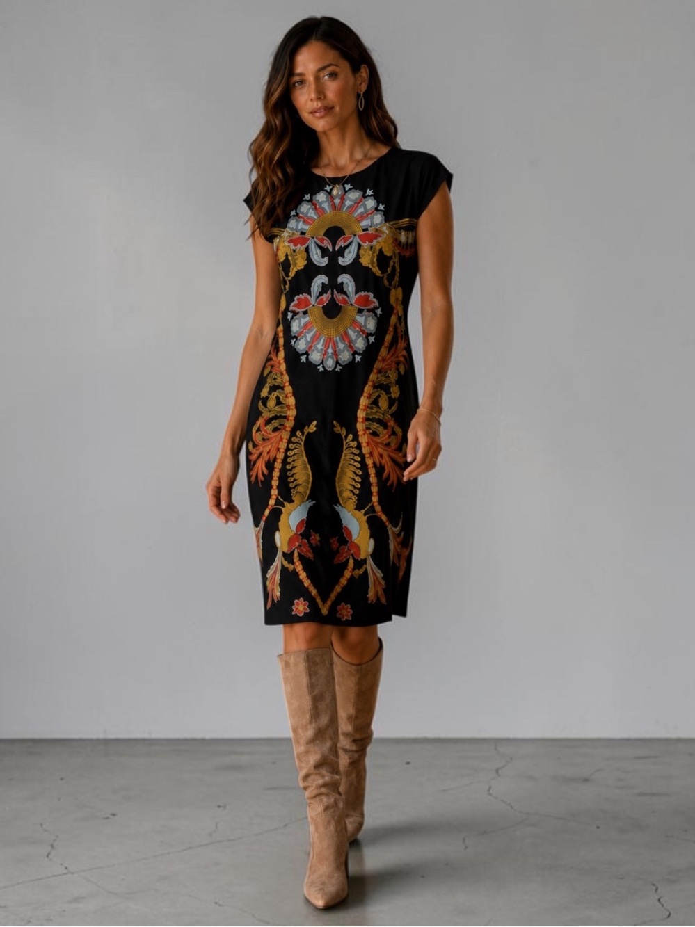 Eva Varro Sheath Dress | Black Phoenix Print | Women's Small Bohemian Maximalist